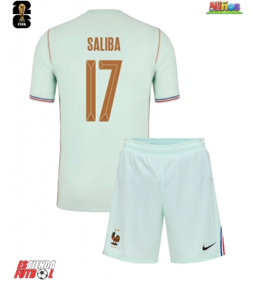 Francia William Saliba #17 Segunda Equipación Niños Mundial 2026 Manga Corta (+ Pantalones cortos)